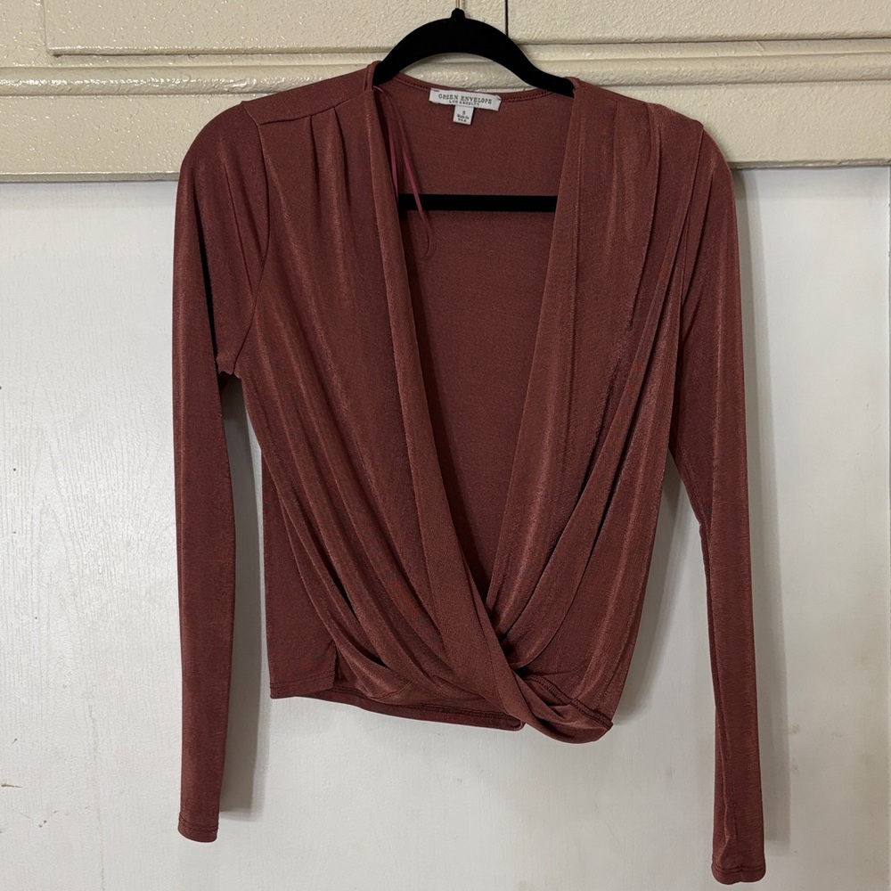 Green Envelope Rust Long Sleeve Wrap Blouse